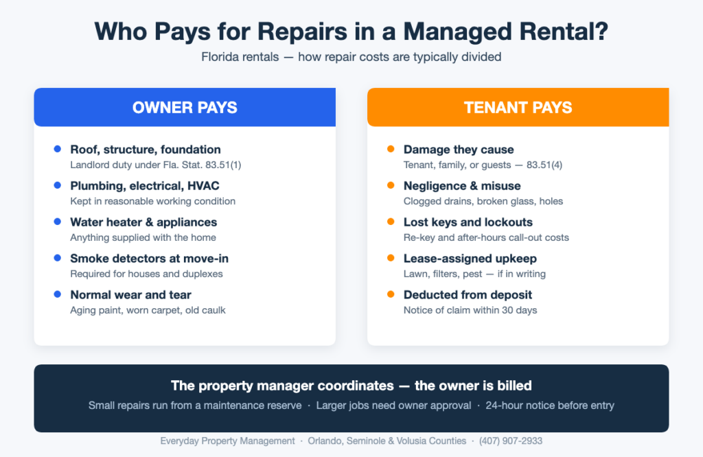 Comparison chart showing who pays for repairs in a managed Florida rental: the owner pays for roof, structure, plumbing, electrical, HVAC, water heater, appliances, smoke detectors and normal wear and tear, while the tenant pays for damage they cause, negligence, lost keys and any lease-assigned upkeep, with the property manager coordinating the work and billing the owner